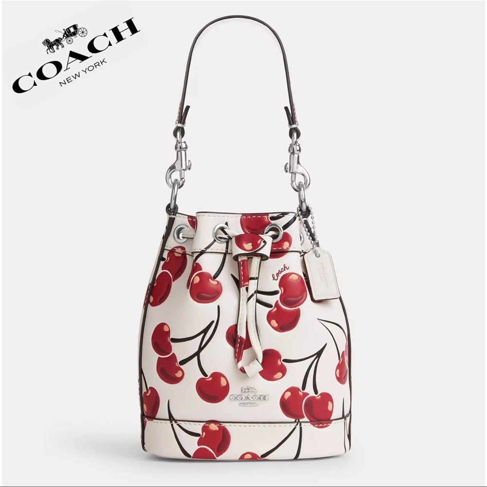 NWT Coach Mini Bucket Bag With Cherry Print Chalk/Silver